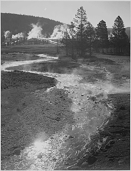Stream winding back toward geyser, “Central Geyser Basin, Yellowstone National Park,” Wyoming, 1933-1942 photo: Ansel Adams / U.S. Department of the Interior
