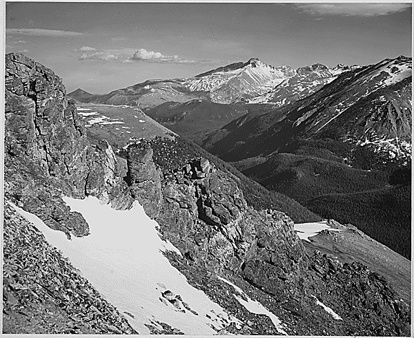 View of barren mountain with snow, “Long’s Peak, Rocky Mountain National Park,” Colorado, 1933-1942 photo: Ansel Adams / U.S. Department of the Interior