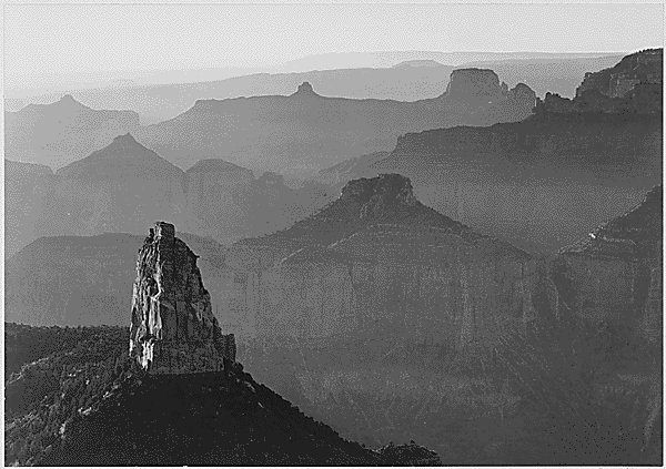 View of rock formation in foreground, “Grand Canyon National Park,” Arizona, 1933-1942 photo: Ansel Adams / U.S. Department of the Interior