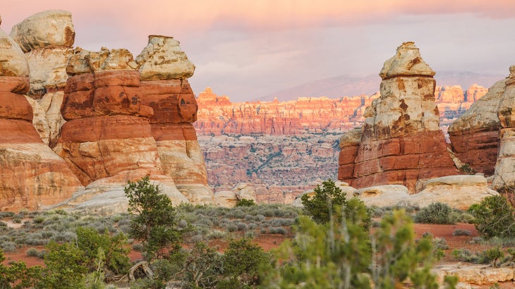 sunset looking from the Doll House to The Needles in Canyonlands Utah