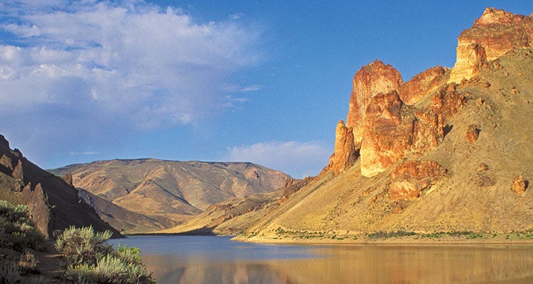 "Lake Owyhee at Leslie Gulch, near the eastern end of the Oregon DesertTrail. Photo by Greg Vaughn"