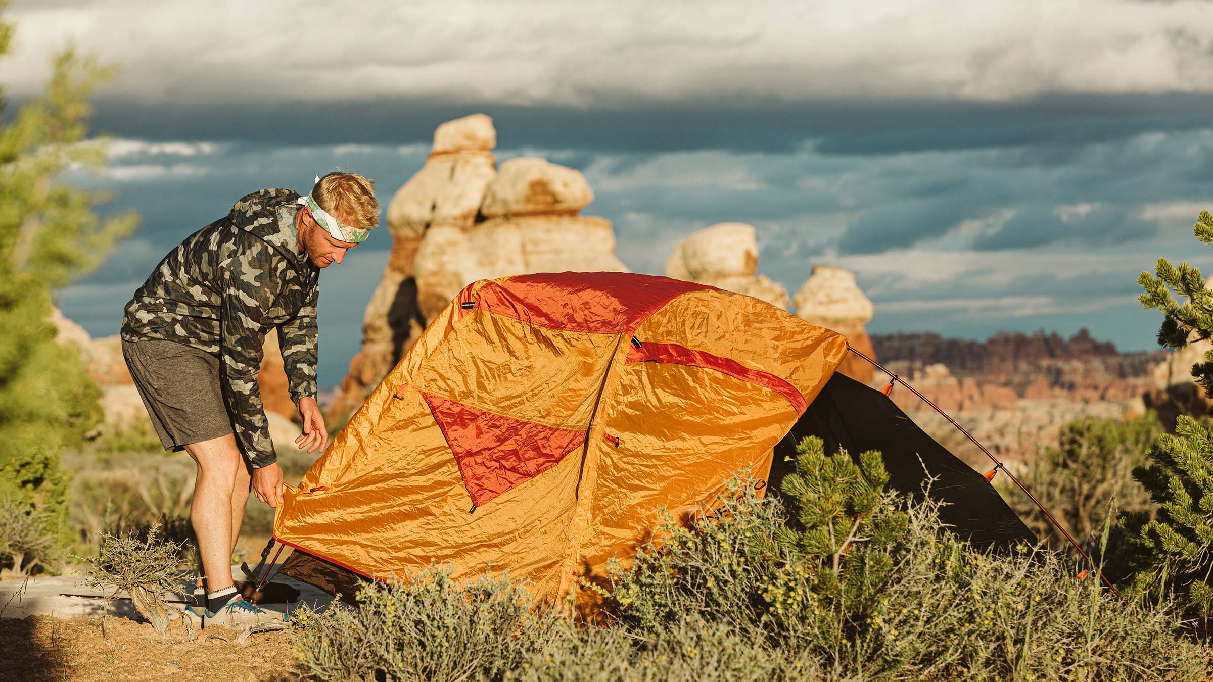 setting up a tent