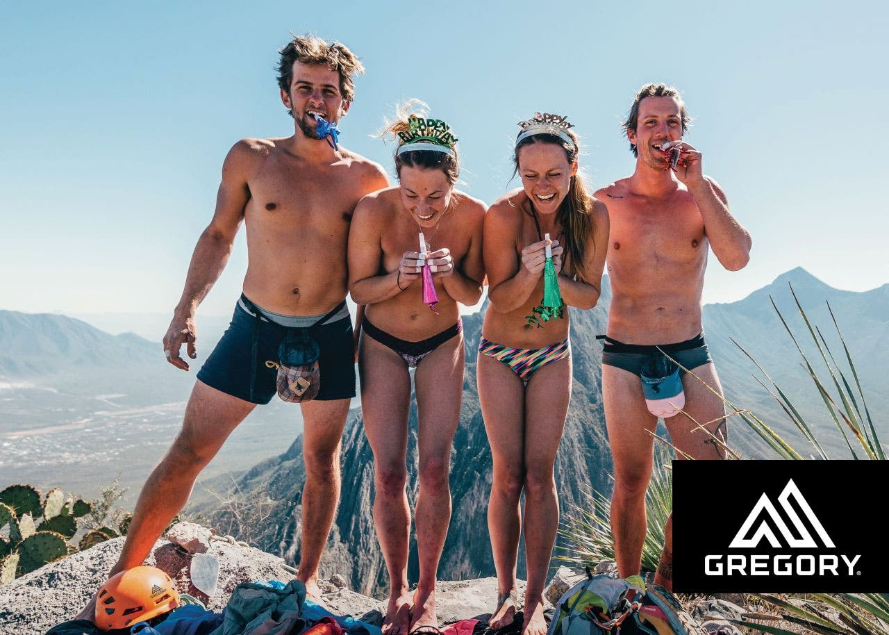 Gregory, naked climbers with logo - \