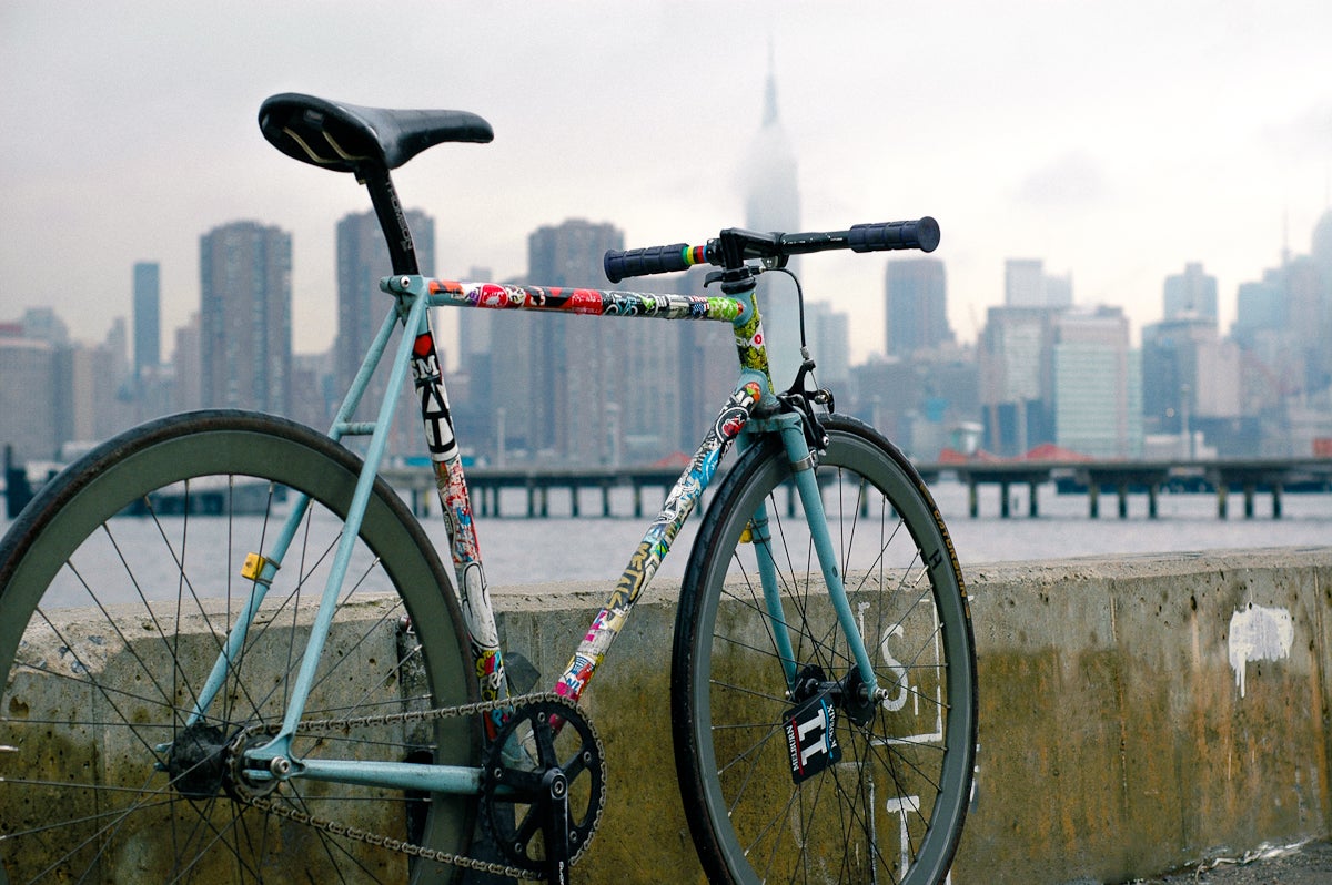 "Fixie bike and NYC skyline"