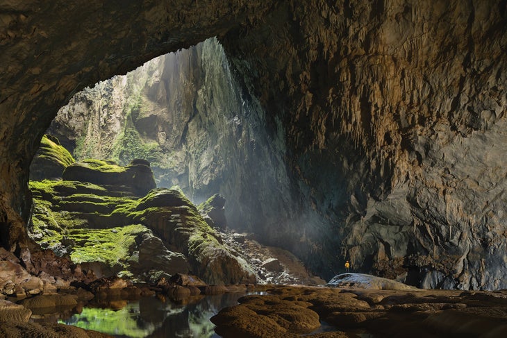 Overhead dolines admit enough light to carpet the cave bottom in vegetation in Vietnam