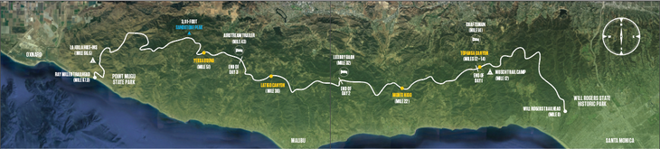A map of the Backbone Trail showing its route and trailheads across the Santa Monica Mountains. 