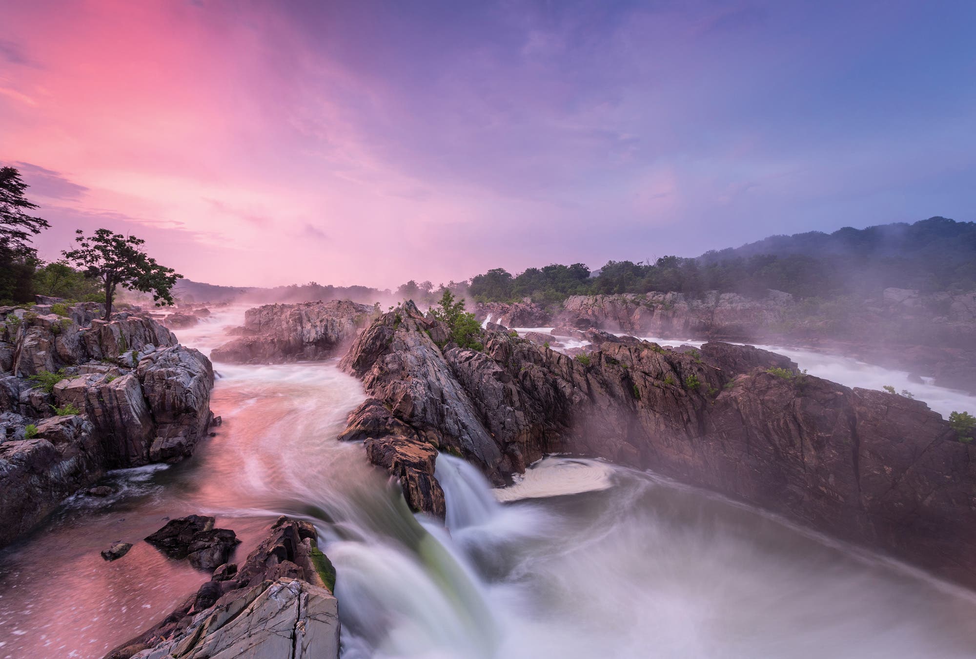 The Potomac River drops 76 feet in less than a mile through Mather Gorge.