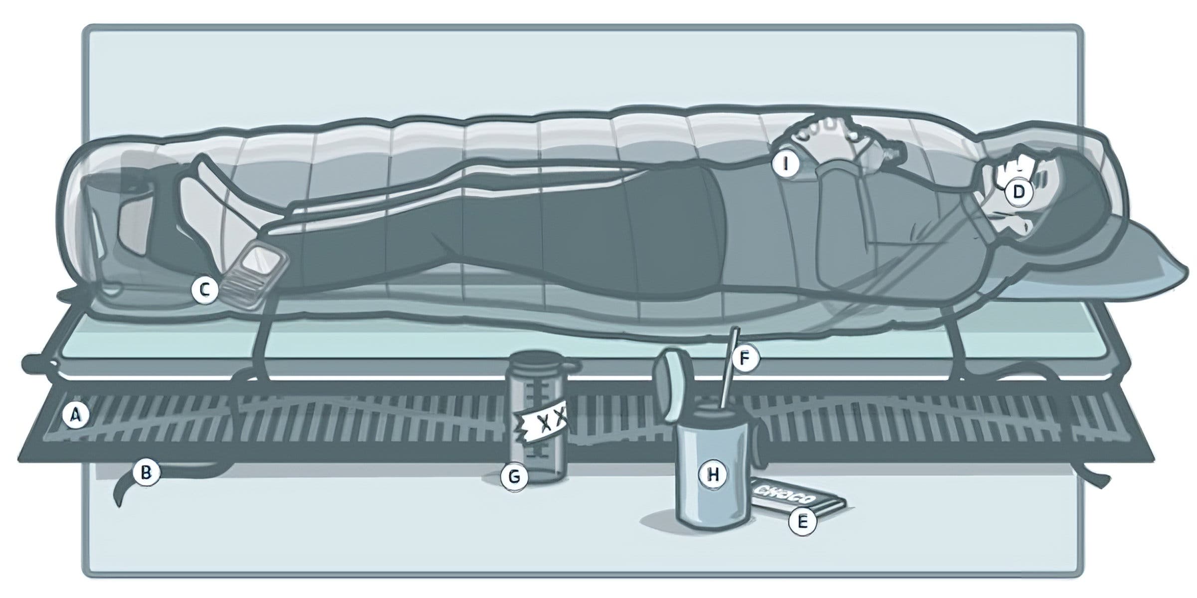 A hiker in a sleeping bag