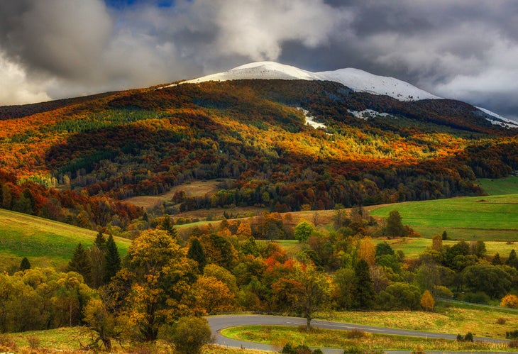 Fall colors the trees on Polonina Carynska in Bieszczady National Park, Poland.