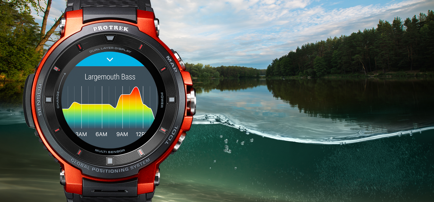 "Casio Pro Trek watch sits on screen with Fishbrain data showing. The background is a split shot featuring both underneath the water of a river and&hellip;"