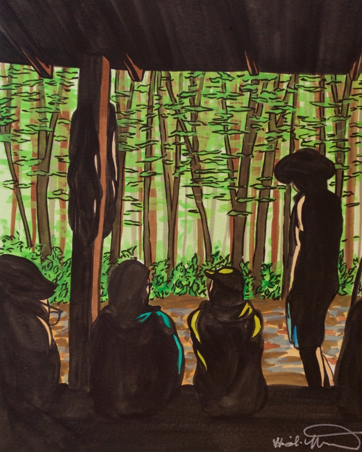 Bobblets Shelter - Heidi Nisbett Painting of hikers huddled in Bobblets Shelter on the Appalachian Trail.