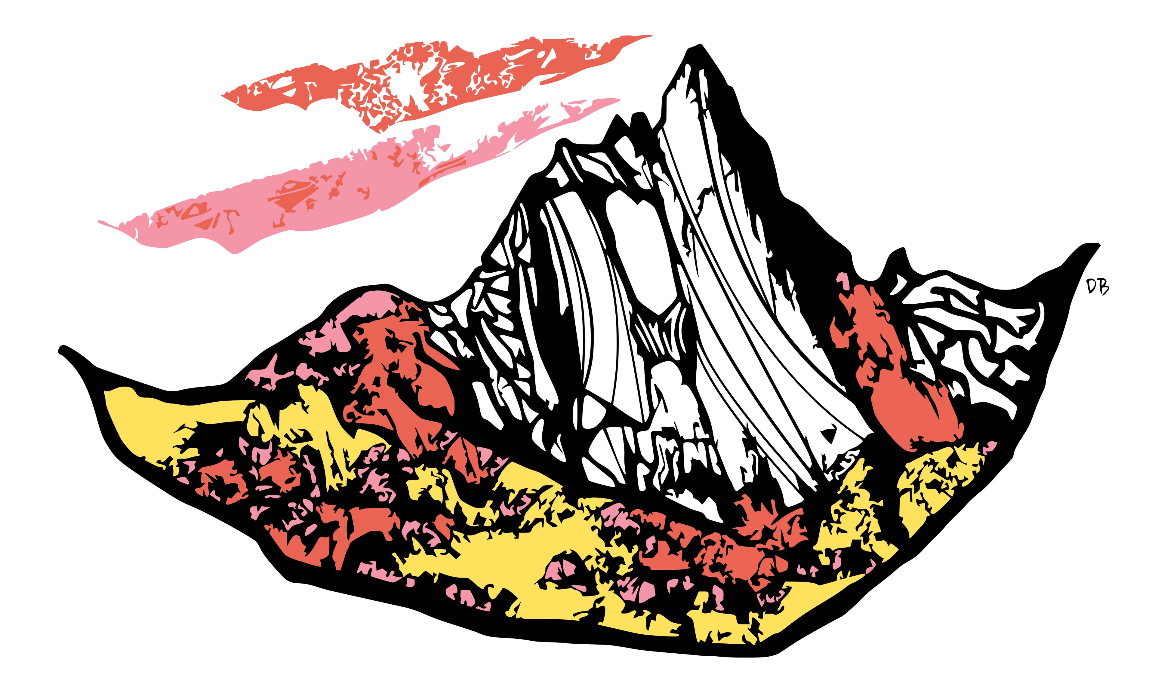 Dave Bonan_bonan-prusik-peak-final Graphic design of Prusik Peak uses thick black lines and white space to define the mountain. Yellow, salmon, and pink textures fill in the valley…