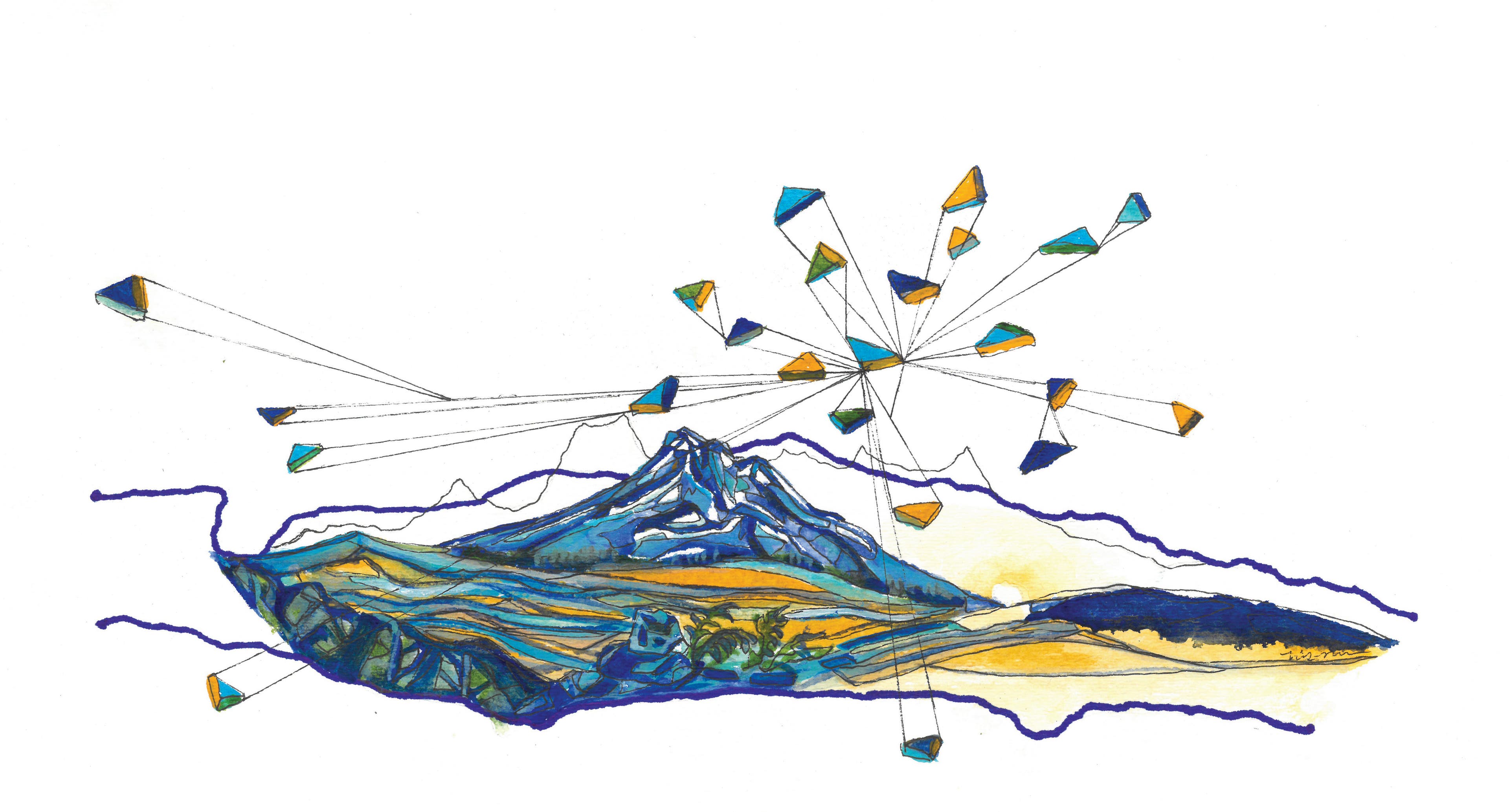 Nika Meyers Trail by design art. Royal blue, teal, and marigold are used in lines and small color blocking to create a mountainscape that overlays…