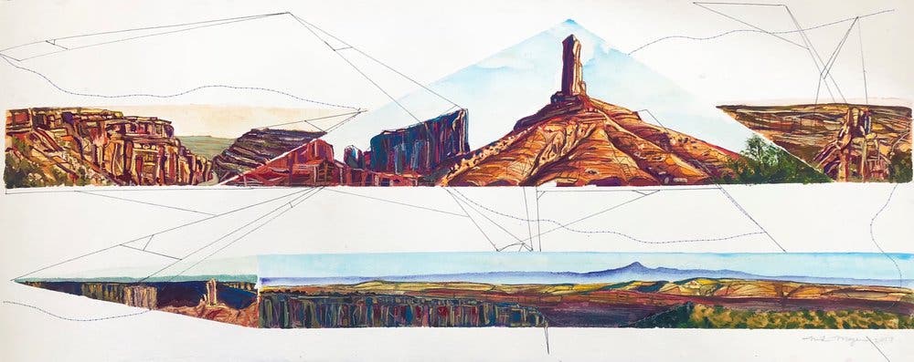nikameyers_deserttrip17 - Nika Meyers Painting broken into sections of red rock in Utah. The top has a black and white background with fine geometric lines, one strip across the horizon…