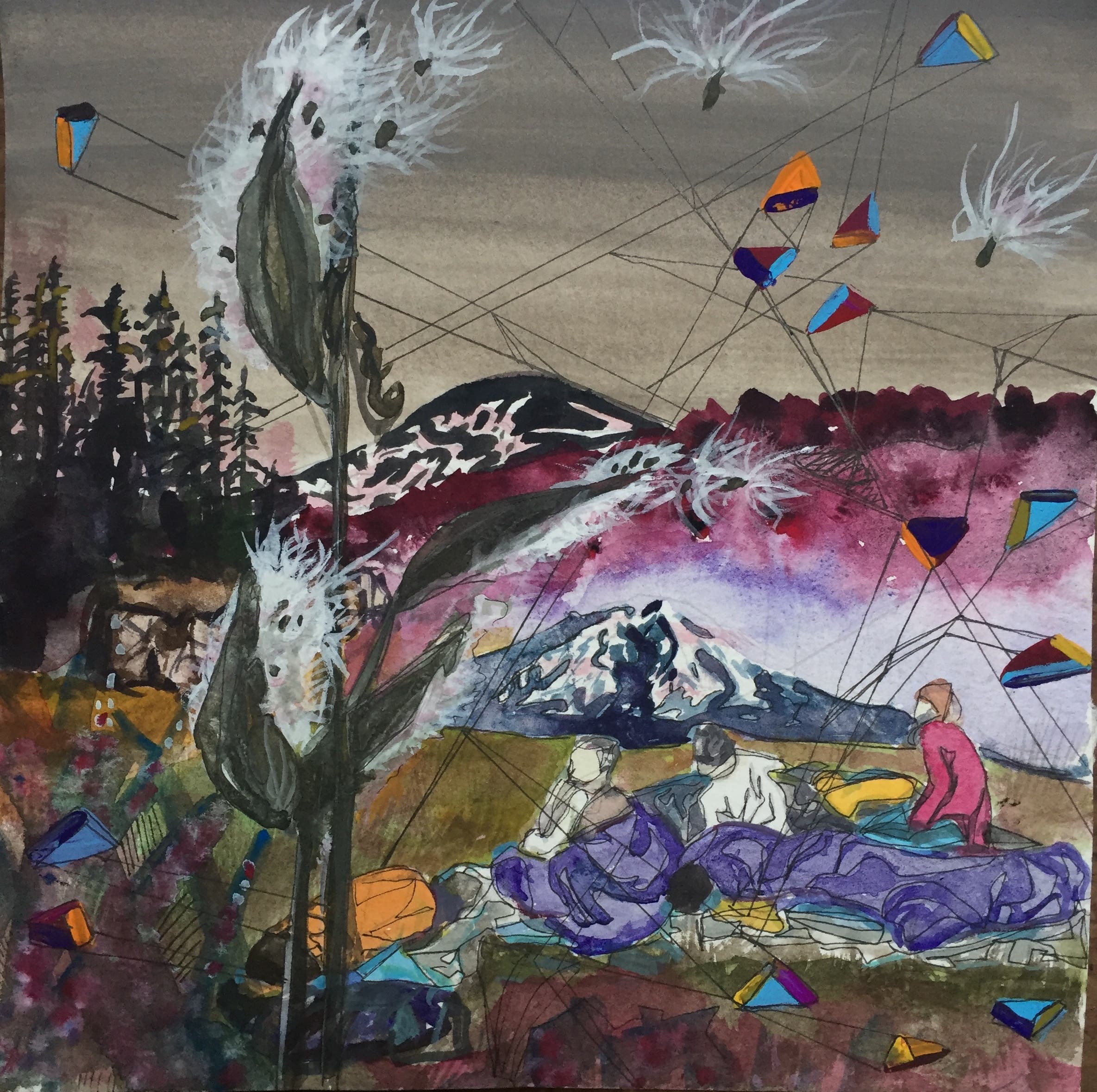 nikameyers_pctdream - Nika Meyers Painting with a dandlion in the foreground that has seeds flying into the sky. In the mid-ground people sit and lie on a cluster of sleeping bags.…
