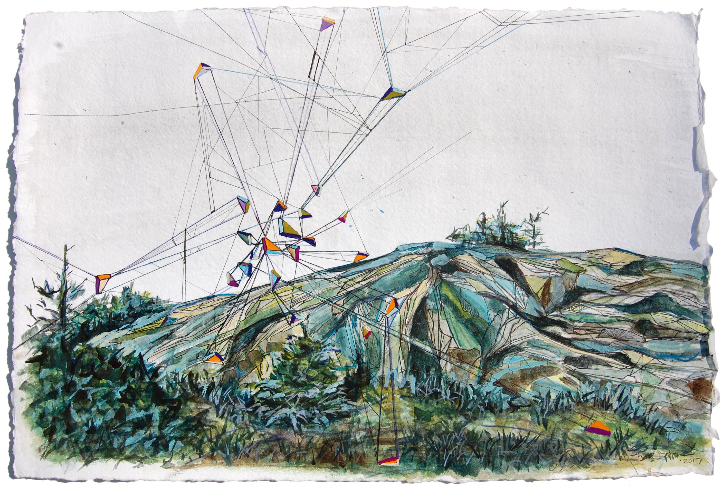 Painting of a hillside comprised mainly of various shades of green and brown. Geometric shapes representing the tread of hiking shoes is overlaid on…