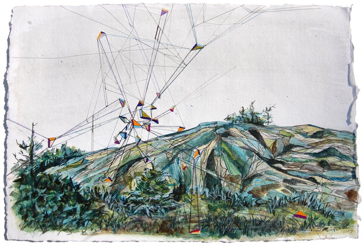 NikaMeyers_ridgeline Painting of a hillside comprised mainly of various shades of green and brown. Geometric shapes representing the tread of hiking shoes is overlaid on…