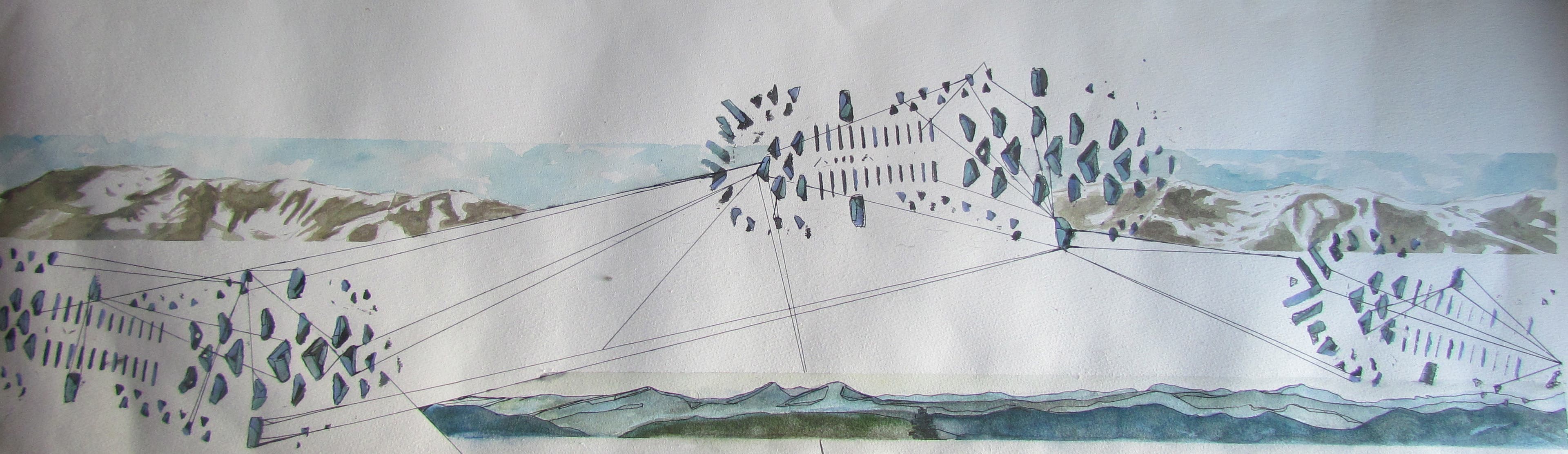 nikameyers_steps - Nika Meyers Painting is both mountains and footsteps connected with thin black lines.