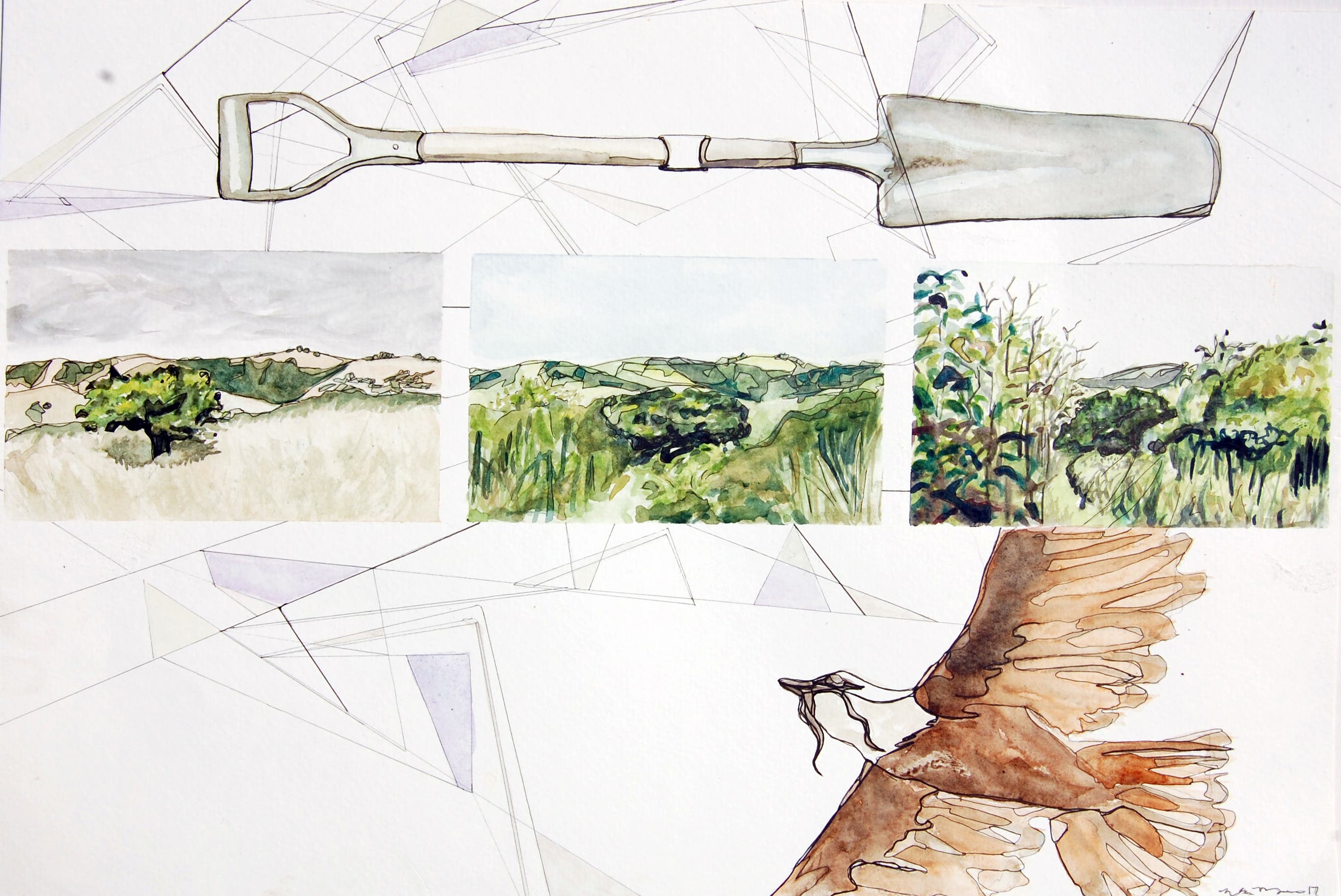 nikameyers_untitled - Nika Meyers Art is a series of images on a white background with faint geometric shapes. The top has a shovel. Middle section is three green landscapes. From…