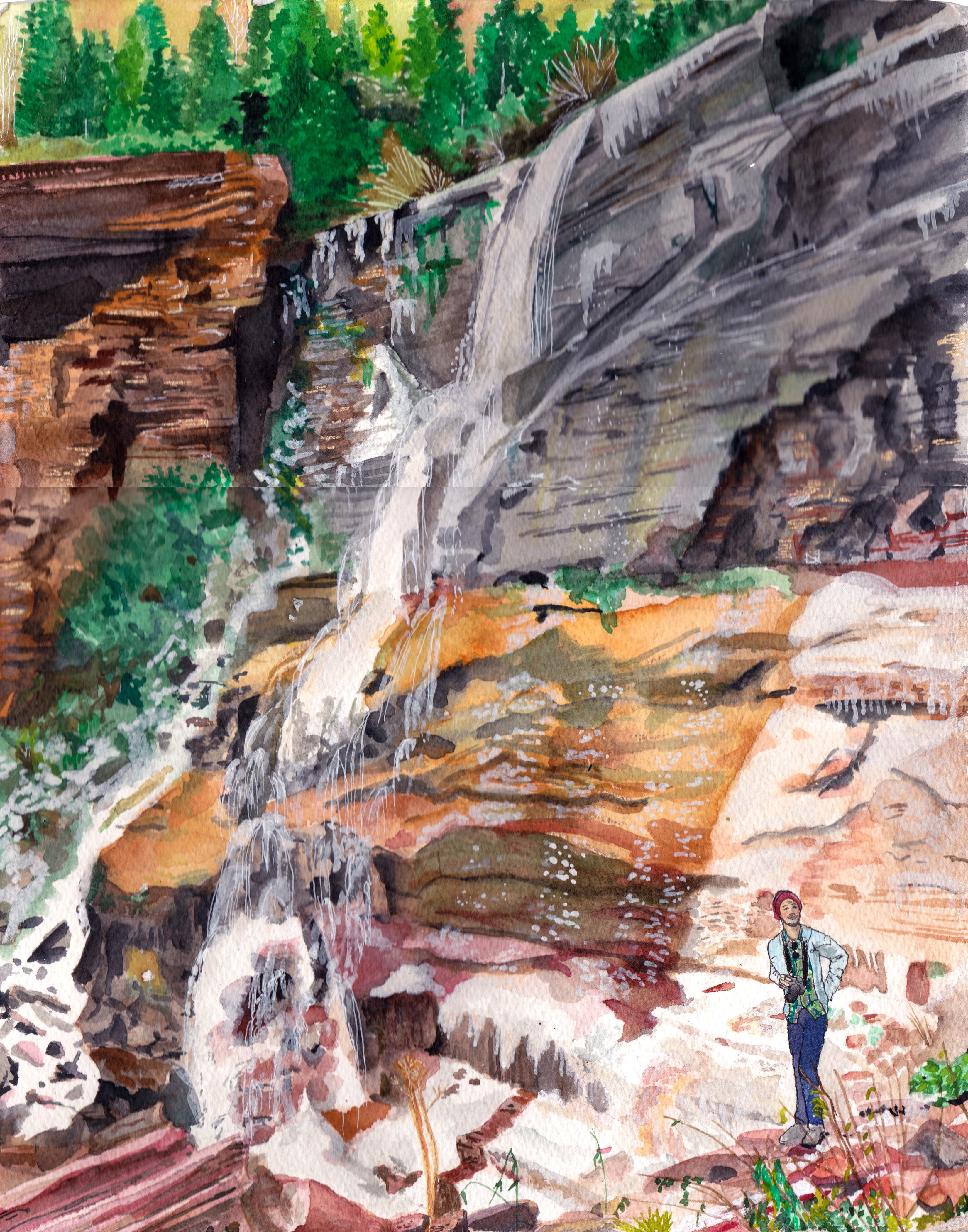 Water color image of a waterfall over red, orange, and gray rocky cliffs speckled with green plants. A white man in a light blue jacket and red hat…