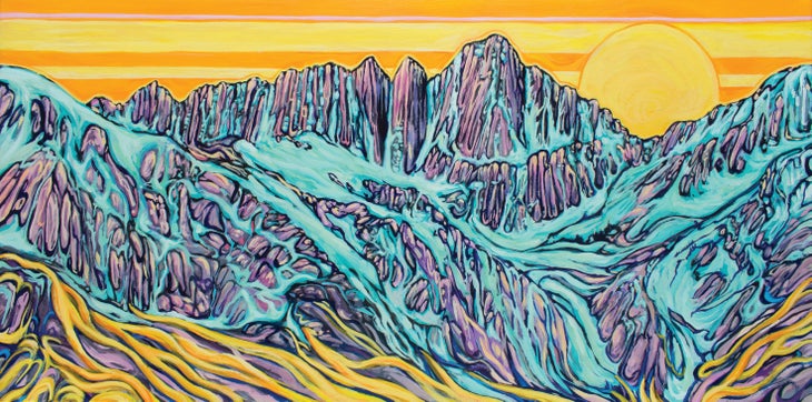 Alex Rubio_April in Lone Pine Alex Rubio's painting uses teal, yellow, pink, and orange to highlight a cliffside with a sun in the background.