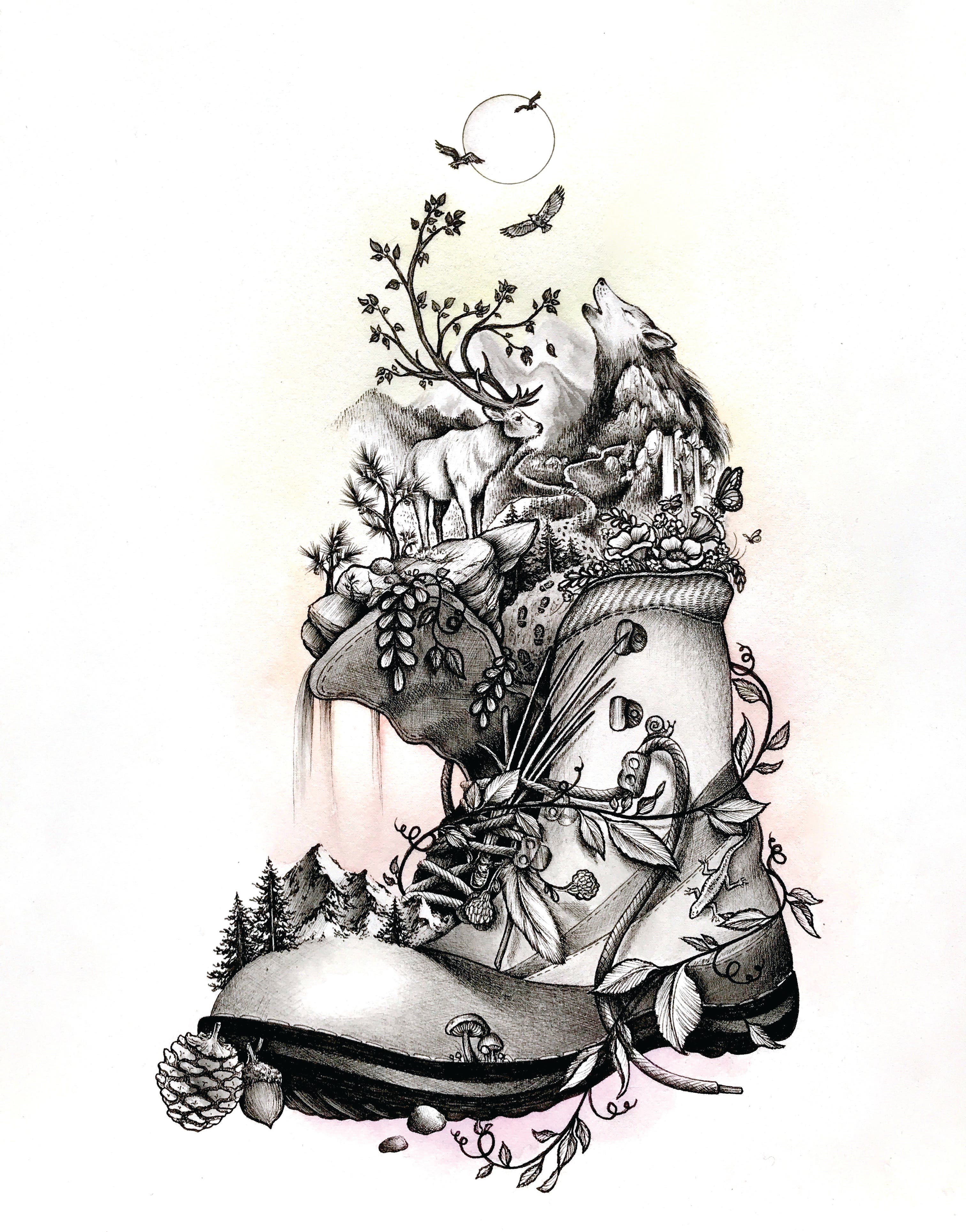 Alyse Dietel_MRLBCKPCKR Sketch of a hiking boot with mountains, elk, howling wolves, and leaves filling it.