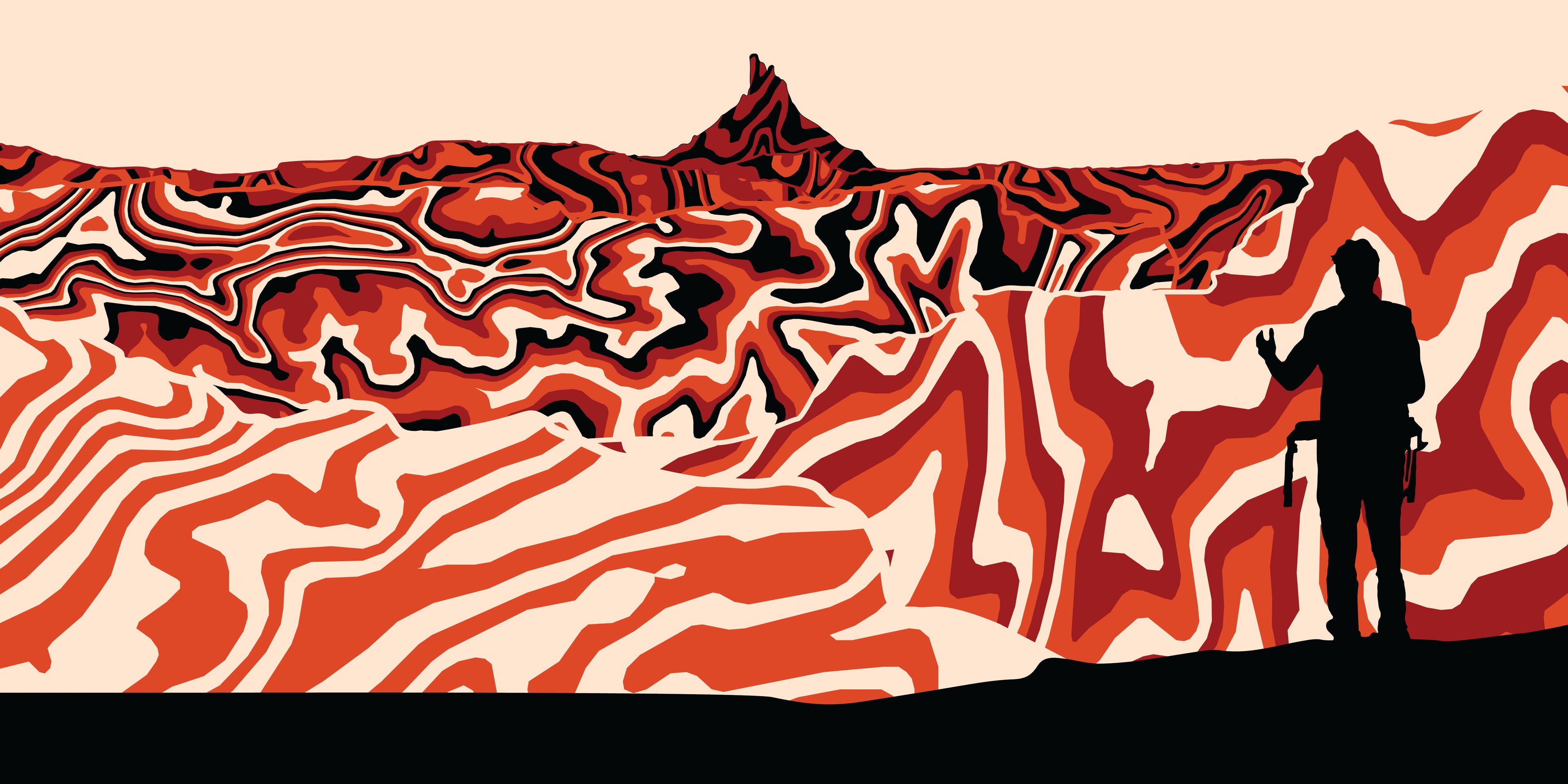 Multiple shades of orange, white, and black bands follow a topographical map to create a psychadelic design inspired by Canyonlands National Park.