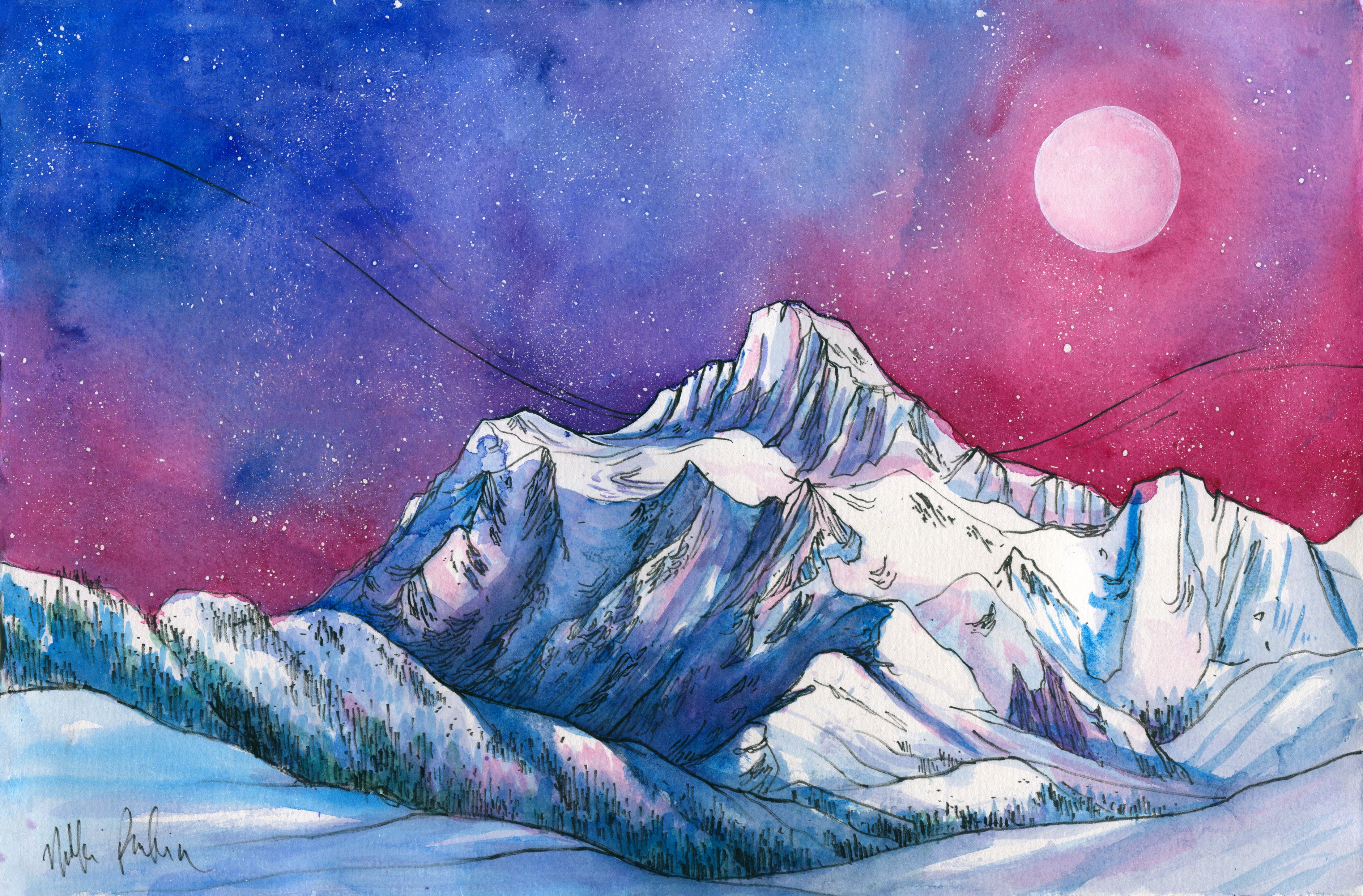 3 Shuksan NYE Watercolor painting of mountains with a pink and purple sky.