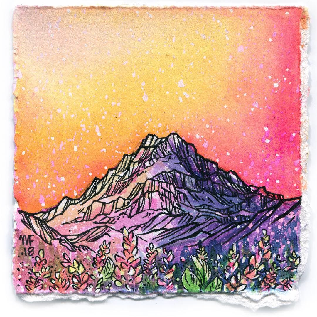 Watercolor painting of Black Peak with a pink and yellow sky.
