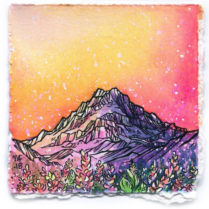 8 Black Peak Watercolor painting of Black Peak with a pink and yellow sky.