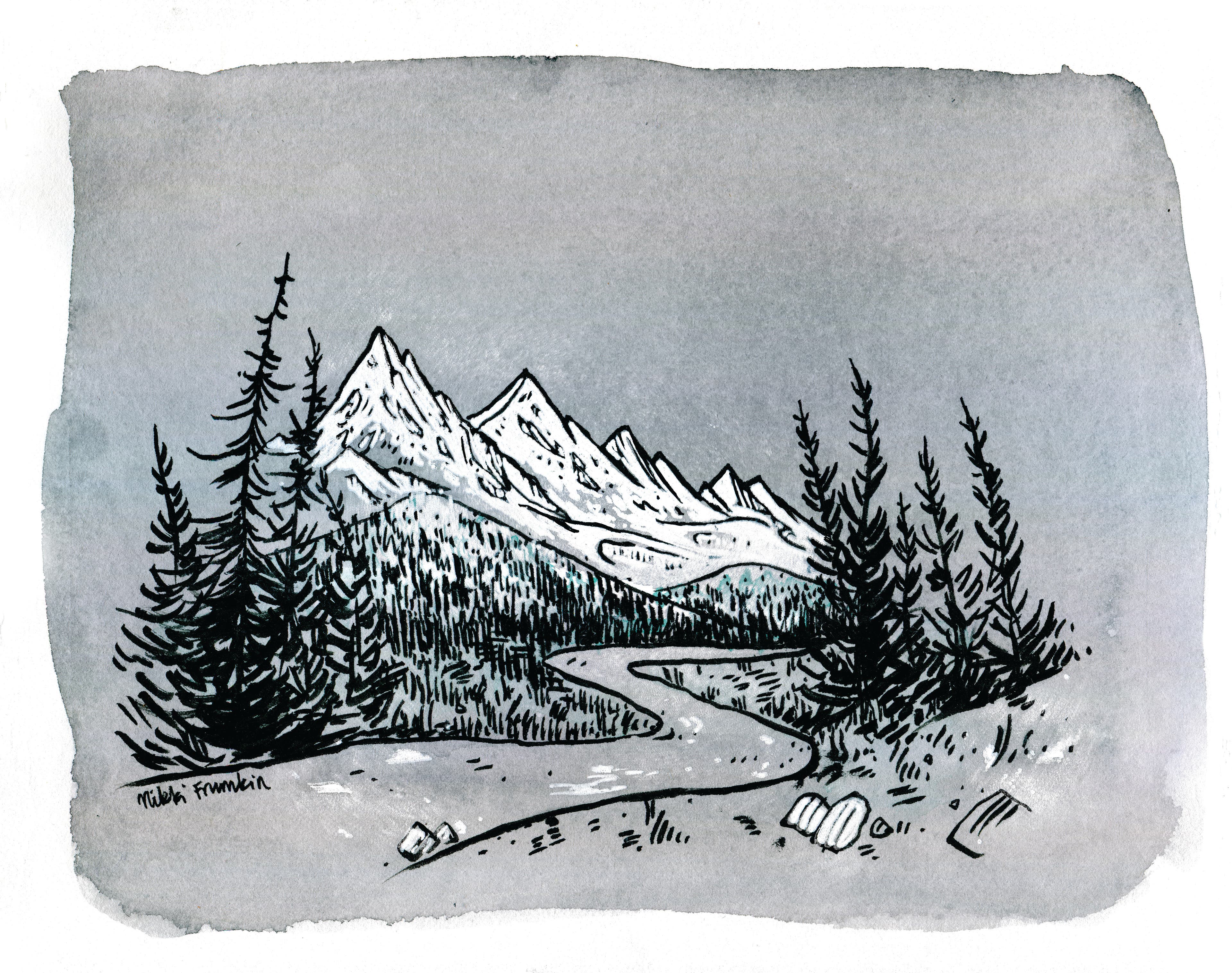 Rugged Trails, art by Nikki Frumkin Drawn to High Places Nikki Frumkin's design is a gradiant gray background with a black and white line design of a trail leading through evergreen trees toward snowy…