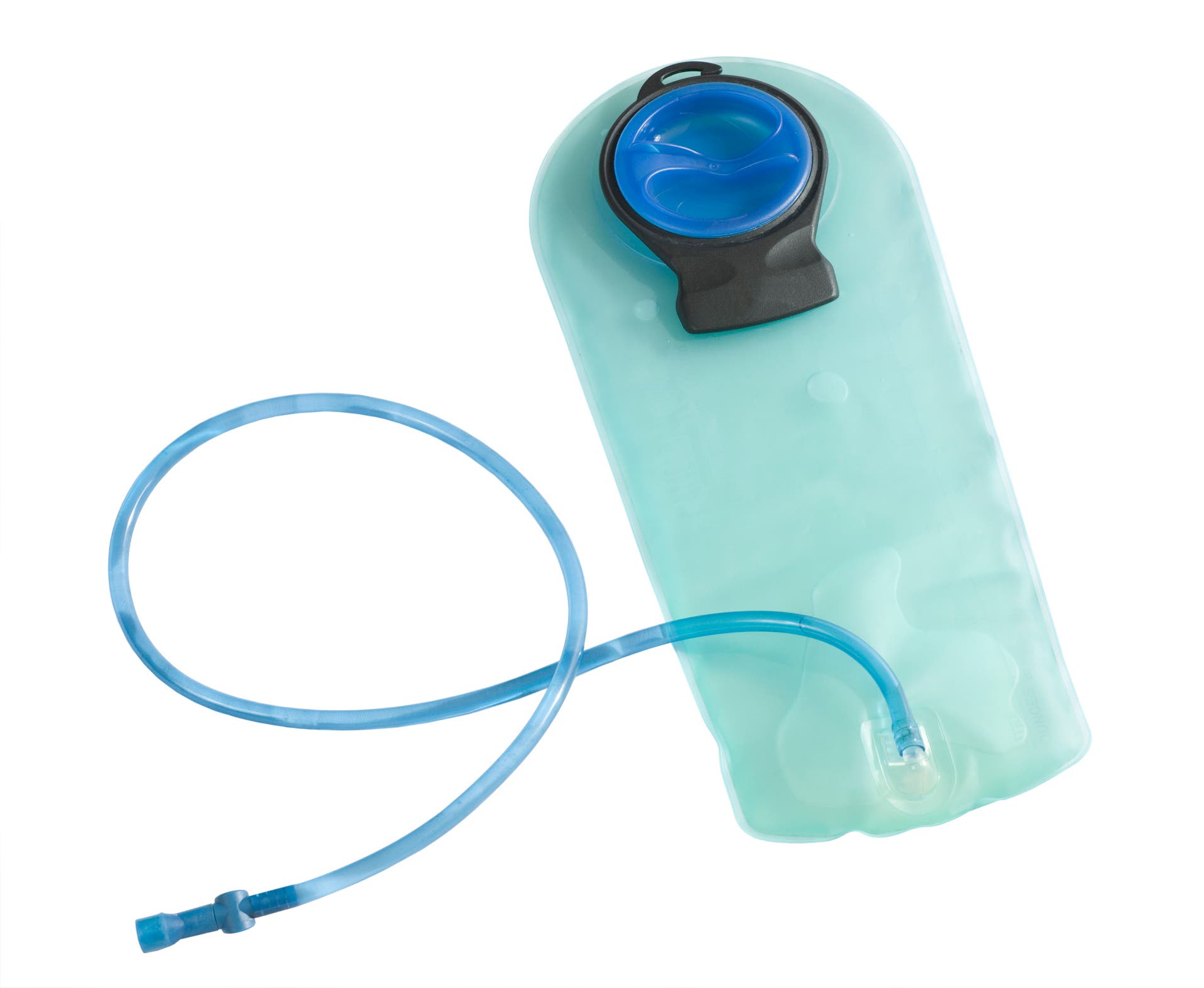 A blue hydration bladder on a white background.
