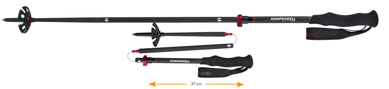 194_2332_10 Komperdell FXP collapsible trekking pole sits on a white background in both extended form and below it the collapsed version sits next to a line that…
