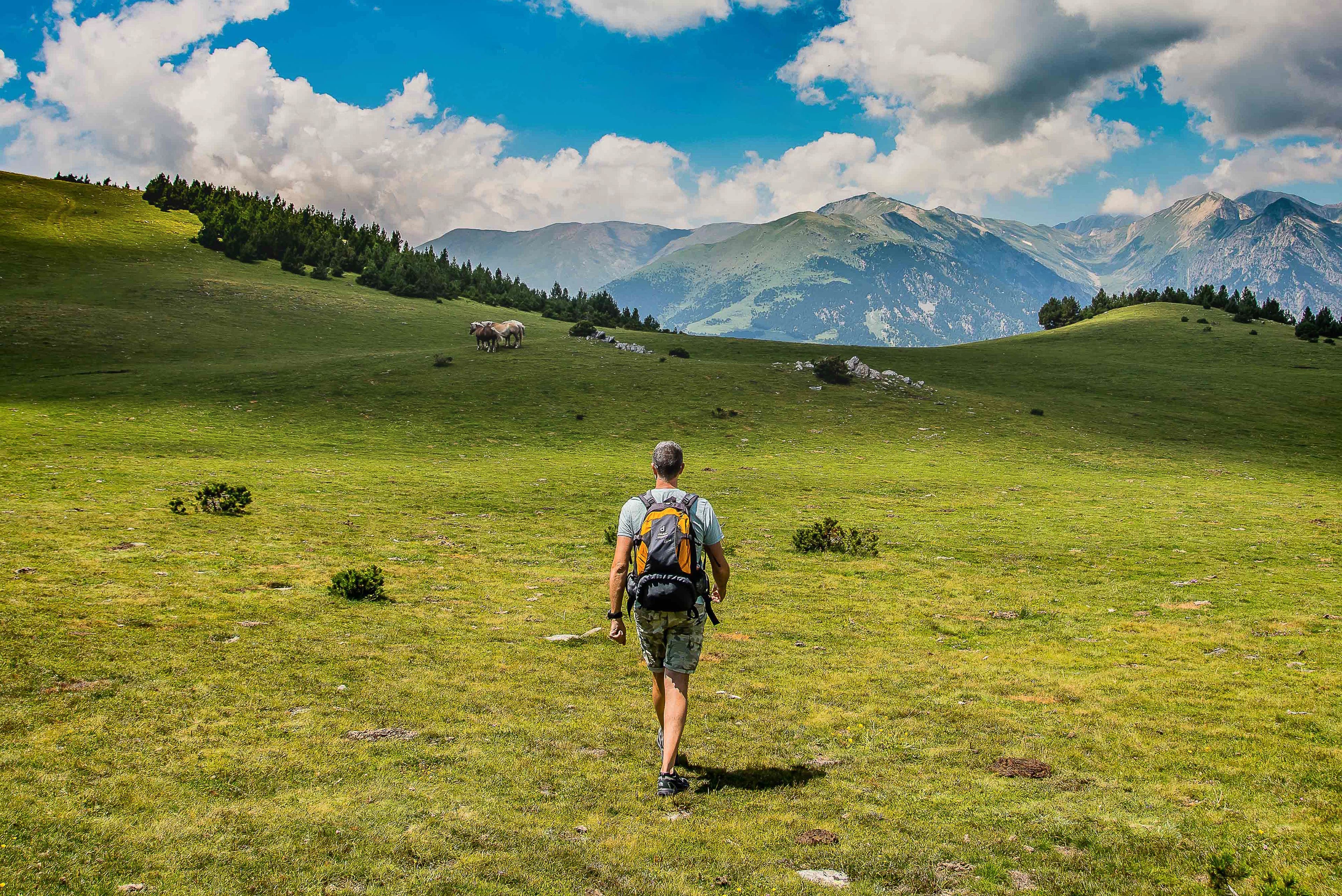 @CTB_INMEDIA SOLUTIONS White man with a bakcpack and cargo shorts walks through a grassy field toward a cliff overlooking mountains. La Porta del Cel in Catalonia, Spain
