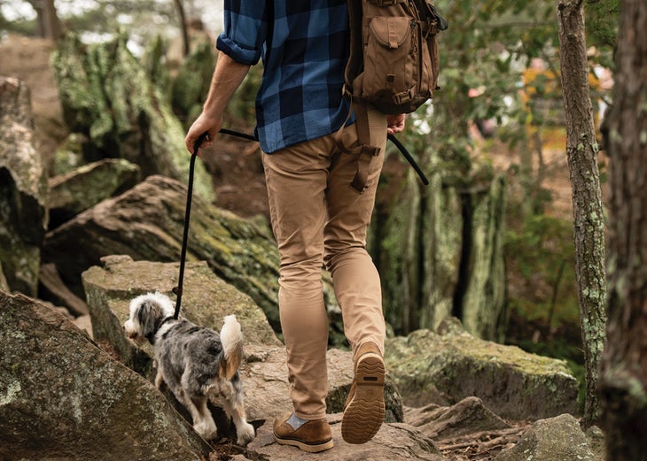 3 - Natural Splendor (Crowders) (1) Man with dog on trail hiking.