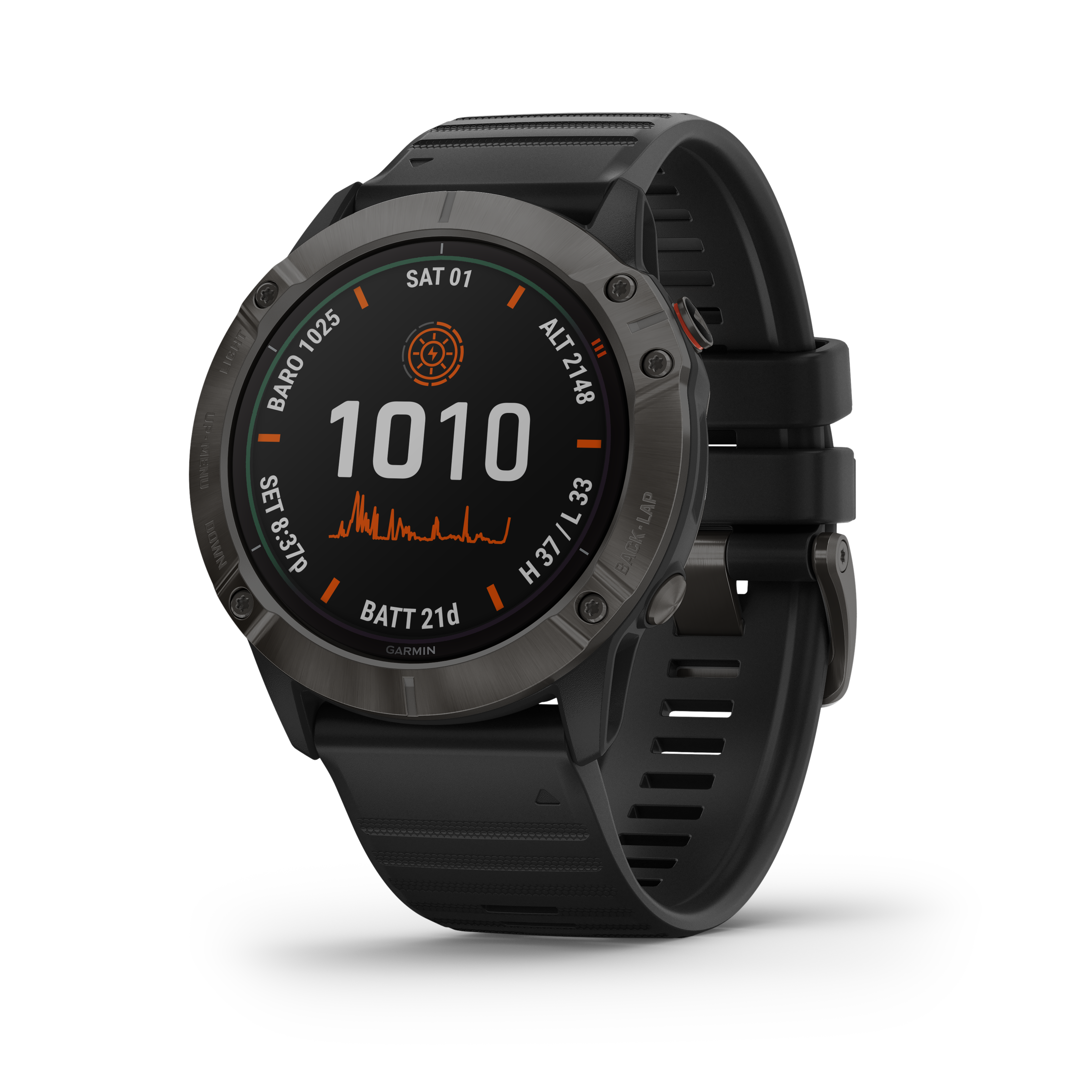 Garmin fenix 6 Solar Pro watch with a black band sits on a white background. The watchface has a white 1010 above a graph line.
