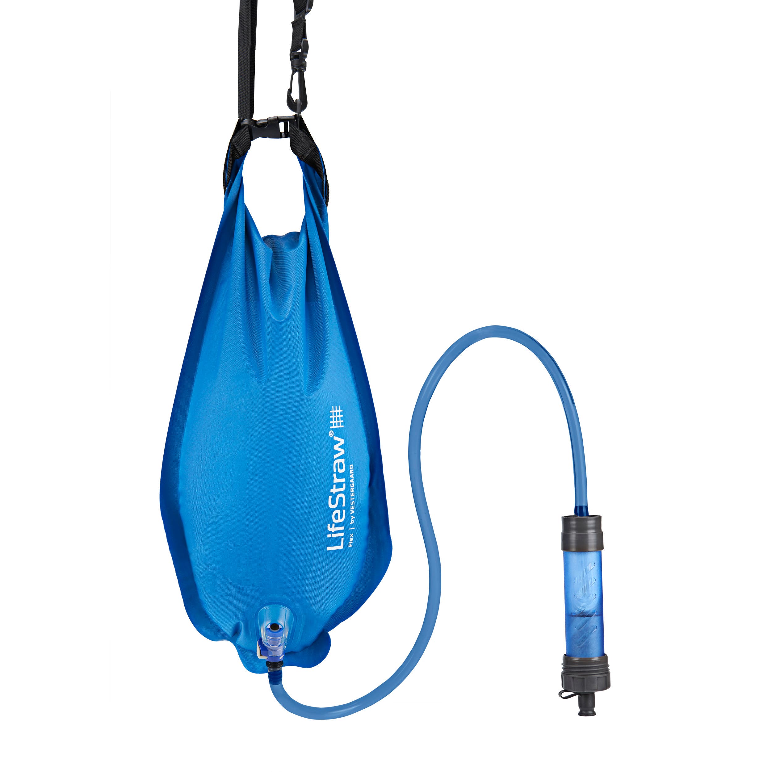 LifeStraw-Flex_Cobalt-Blue_Studio-Single-Shot-Hanging_34 LifeStraw Flex gravity bag hydration well hangs from the top of the shot. It is cobalt blue and has a tube at the bottom connected to a filter spout.