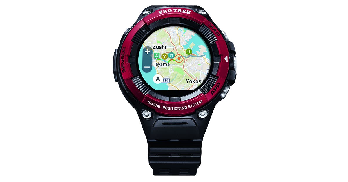 WSD_F21HR_RED_Front_Beauty_Map_1200x628 Casio Pro Trek Smart WSD-F21HR watch with a map.