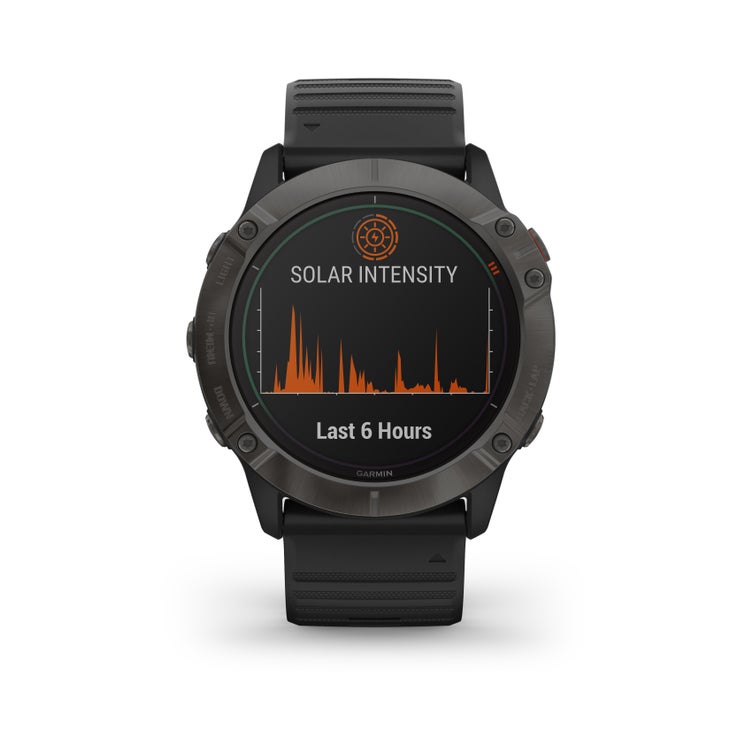 fenix6X-ProSolar_HR_1001.52 Garmin fenix 6 Solar Pro watch with a black band sits on a white background. The watchface has a graph showing solar intensity.