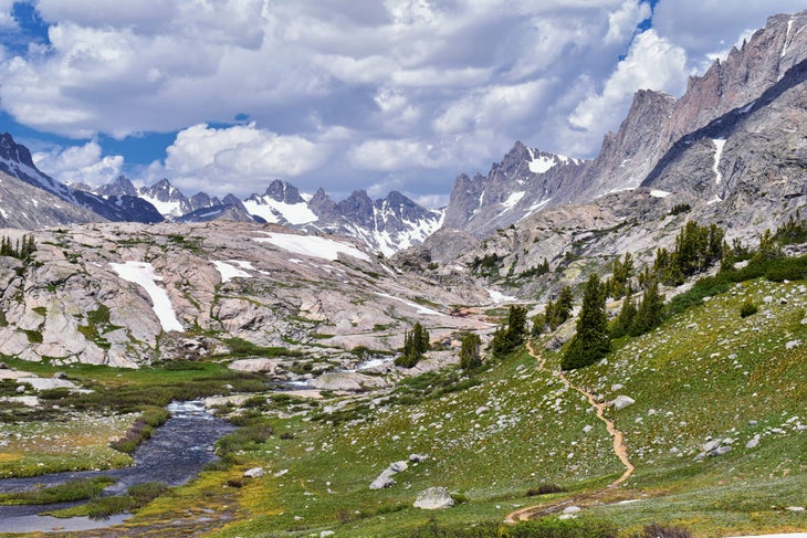 Upper and Lower Jean Lake in the Titcomb Basin along the Wind River Range, Rocky Mountains, Wyoming, views from backpacking hiking trail to Titcomb Basin from Elkhart Park Trailhead going past Hobbs, Seneca, and Island Lakes as well as Photographers point.