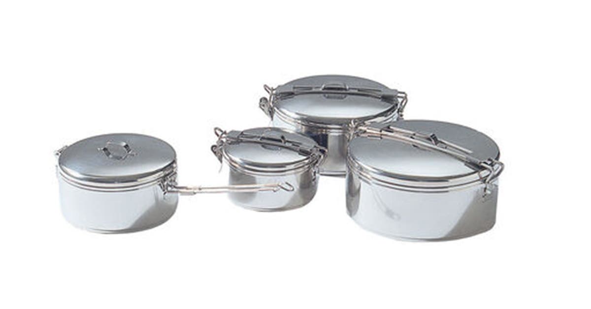 Stainless steel MSR Alpine Stowaway pots on a white background