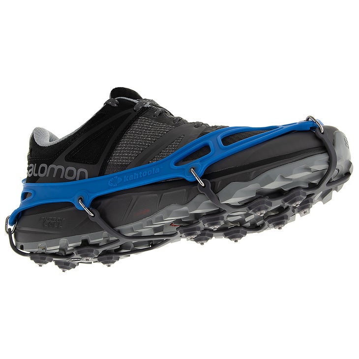 Kahtoola_EXOsideBotBlu_9113 Kahtoola's EXOspikes in blue are wrapped around a black Salomon shoe.