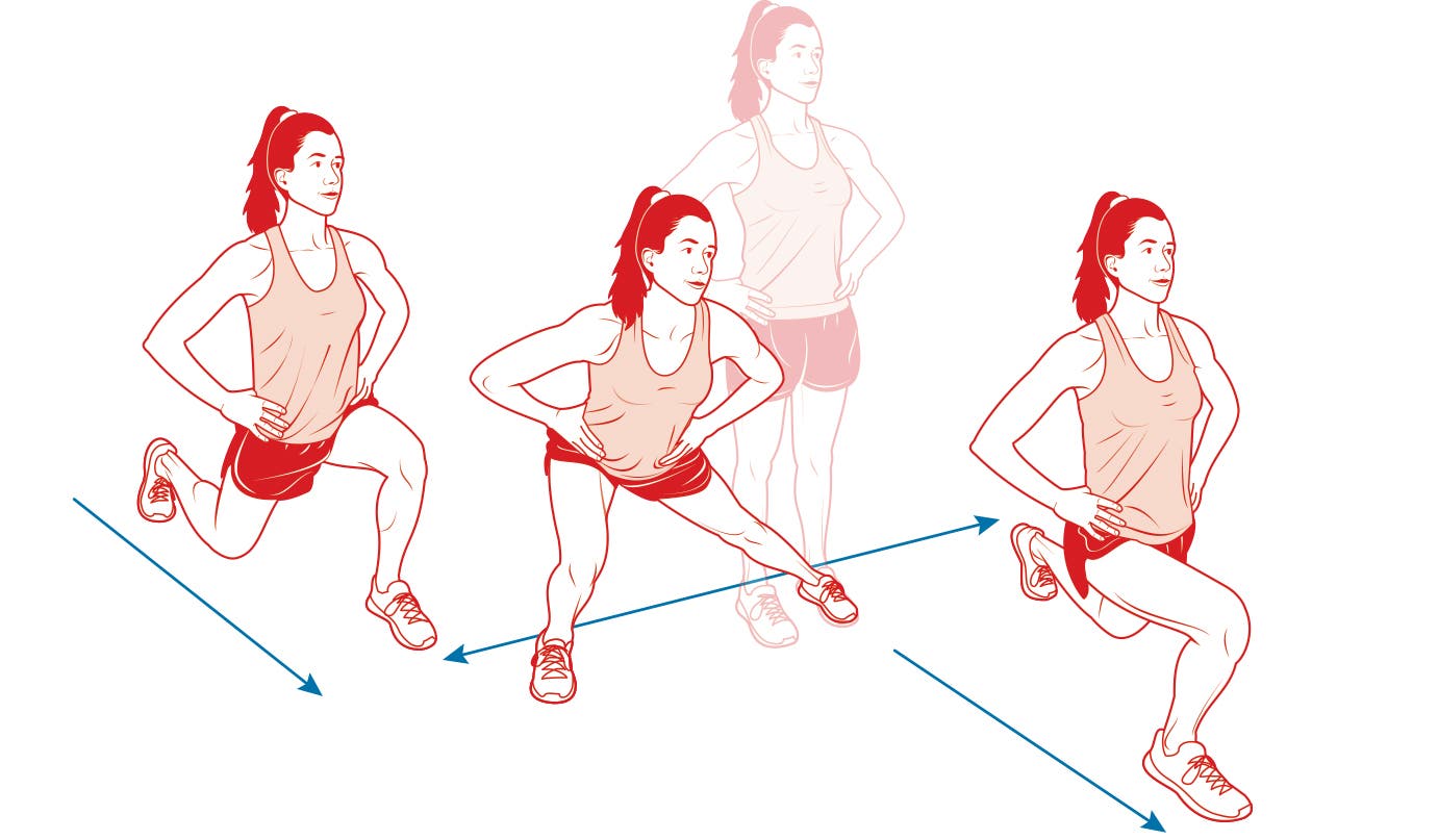 bootcamp3 Illustration of athlete doing forward/side/reverse lunges