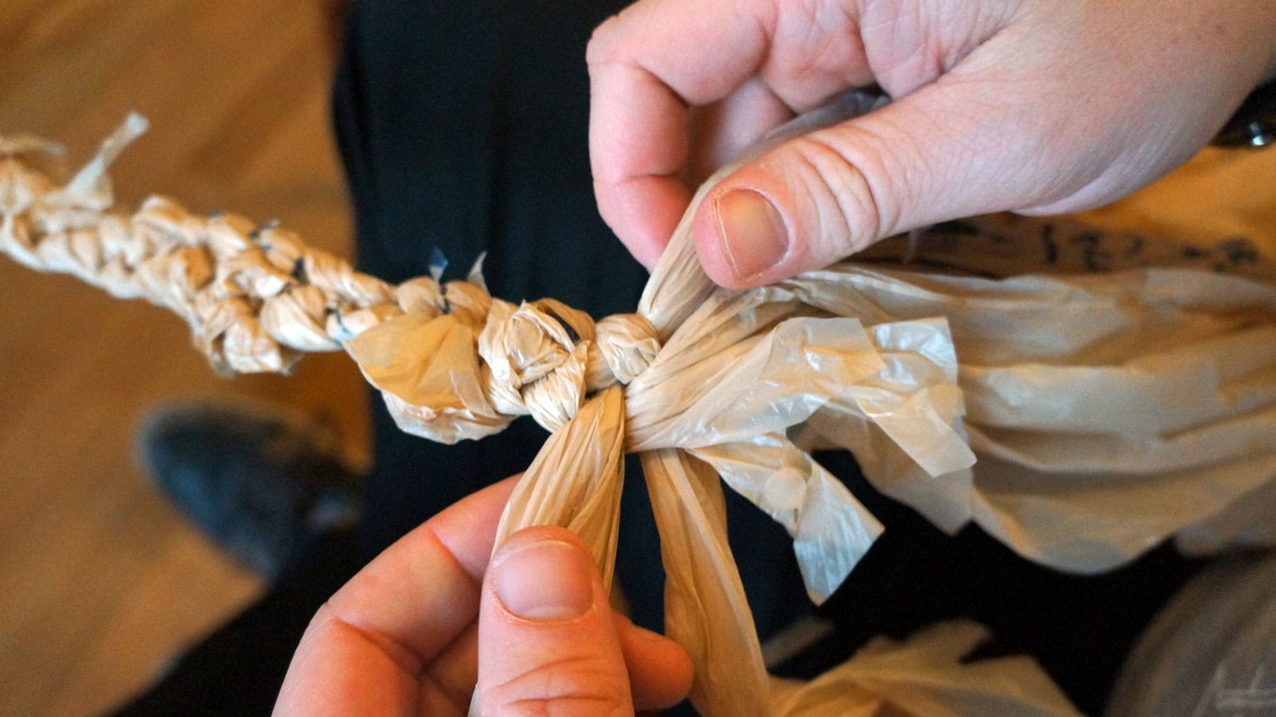 Plastic Bags: Step 14 Repeat to build your rope. When you run out of strand, splice in more half-bags by using the same method you used to assemble whole strands (girth…