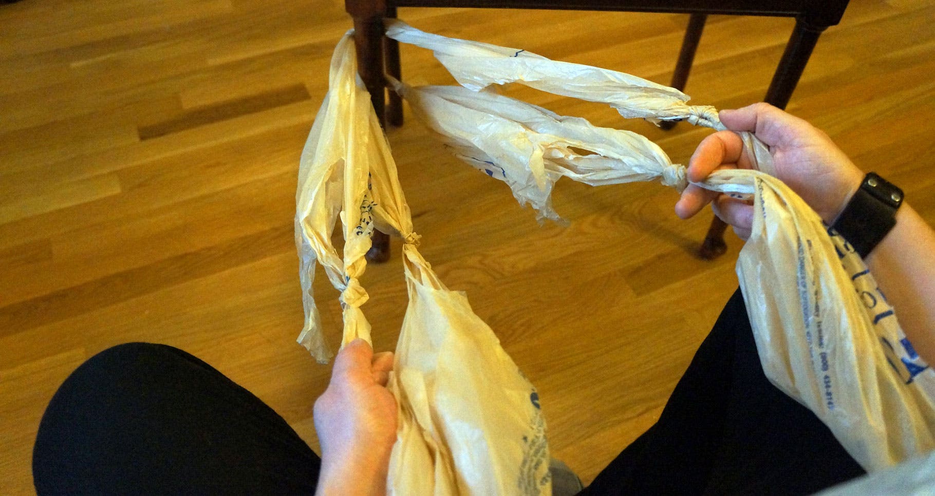 Plastic Bags: Step 9 Find something sturdy to secure your strands, like a tree or even your own foot. Wrap the strands around so you hold two strands in each hand.…