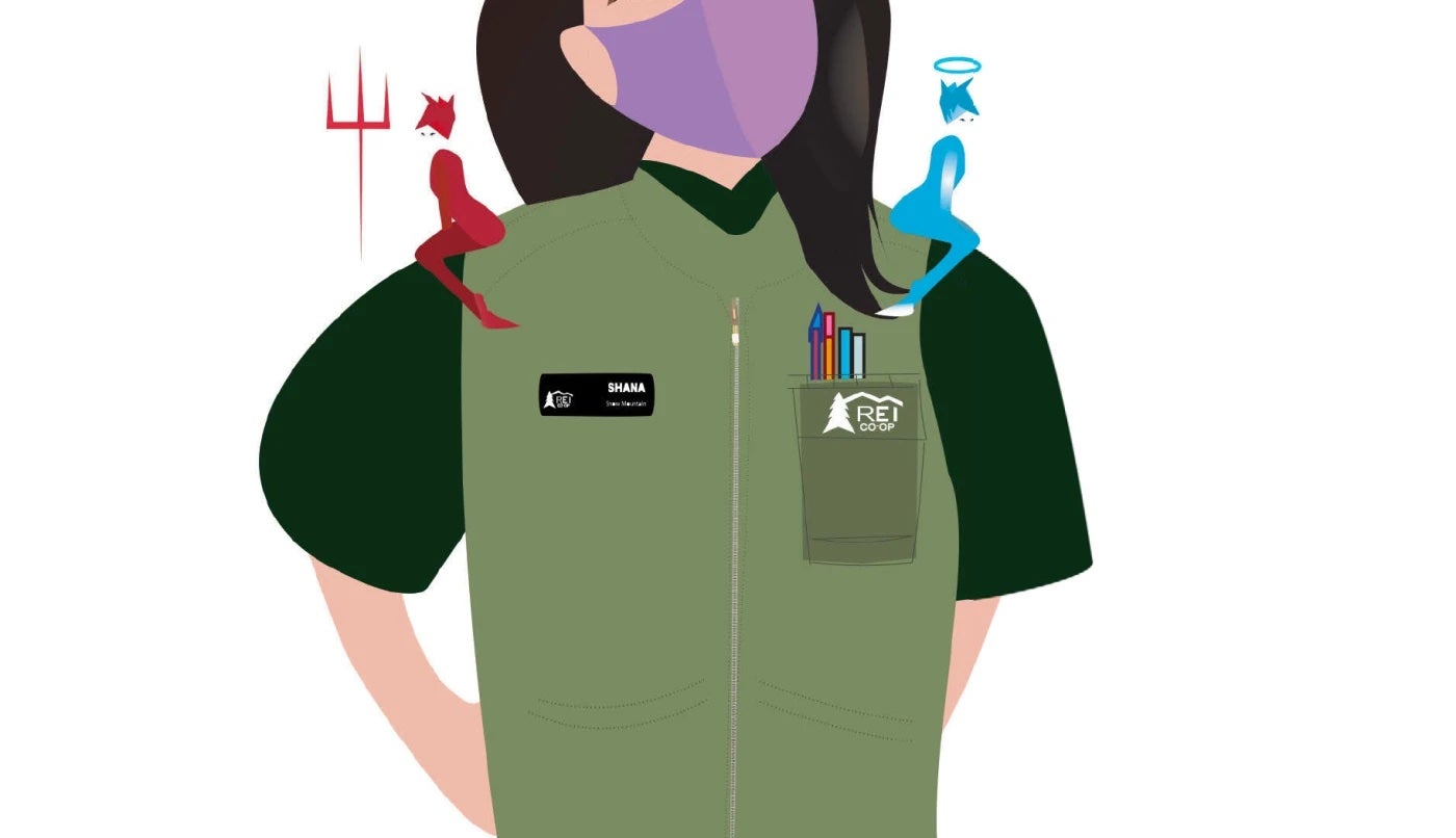 Illustration of REI employee with angel and devil on their shoulders