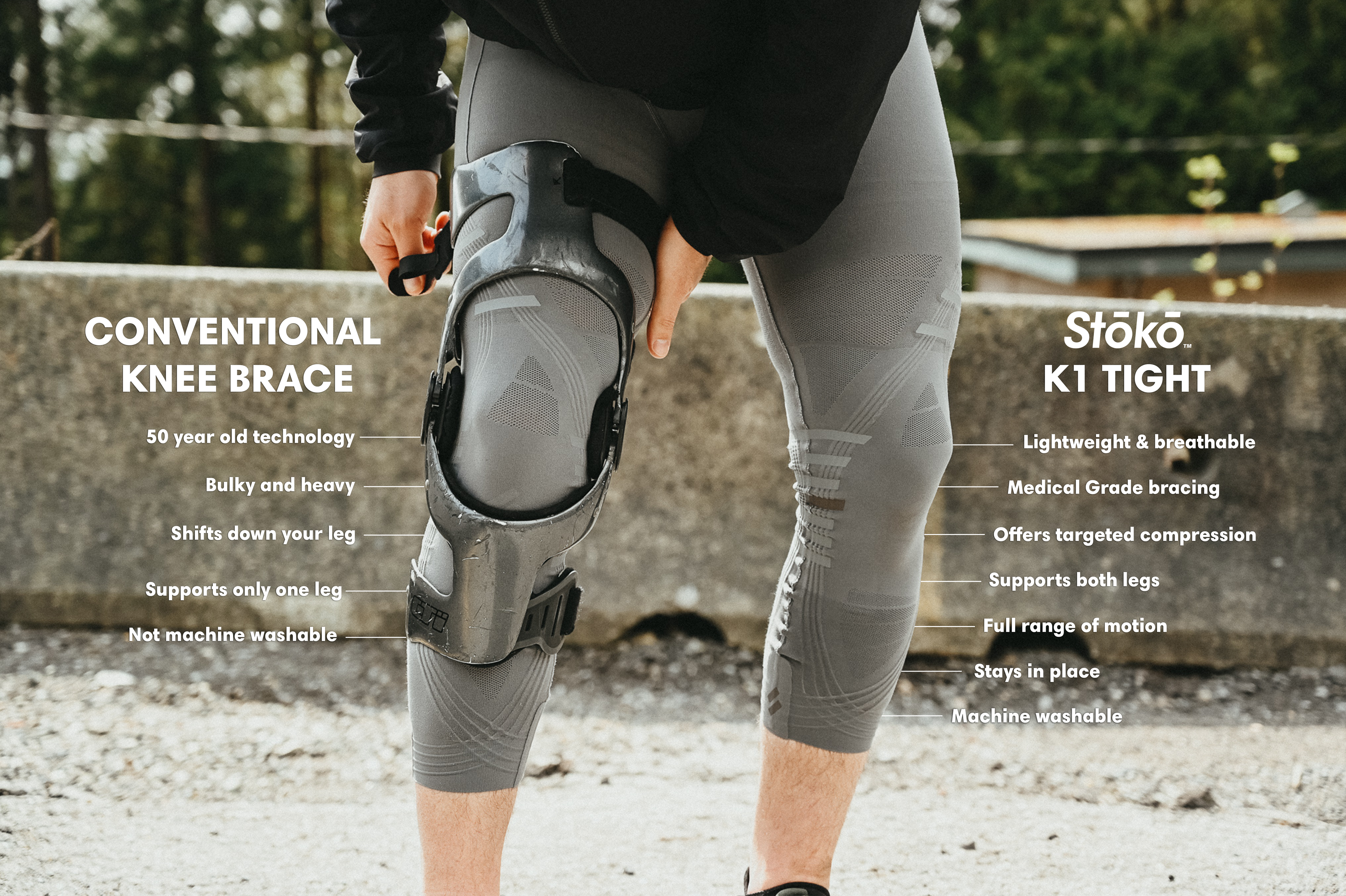 An athlete wearing a conventional knee brace and Stoko K1 tights