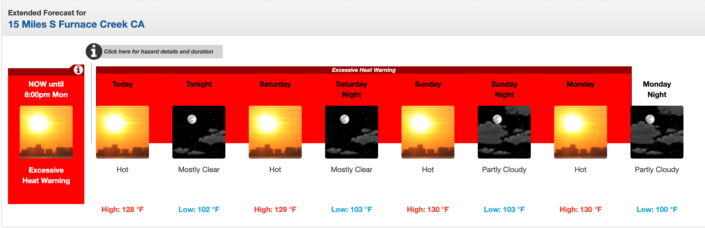 130 degree forecast in Death Valley