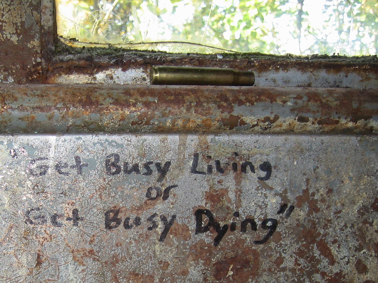 Graffiti reading "get busy living or get busy dying" on Bus 142