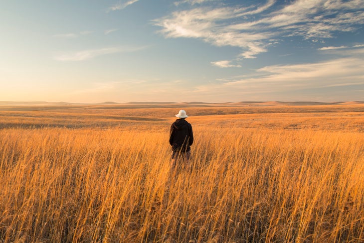 a hiker stands among tall gold and orange grass looking out at a flat horizon